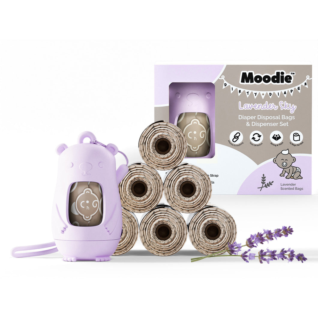 Teddy Bear Disposable Diaper Bags Dispenser COMBO PACK | 105 LAVENDER SCENTED Baby Poop Bags TOTAL & 1x Dispenser (LAVENDER SKY)